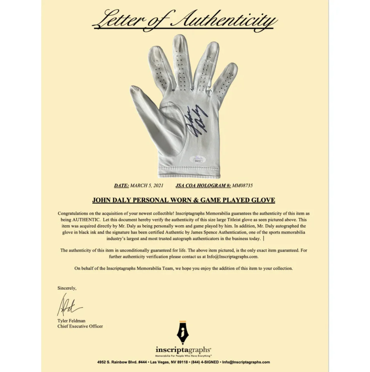 John Daly Signed & Game Played / Worn Golf Glove Framed JSA COA Autograph Cigarette Photo - Image 7