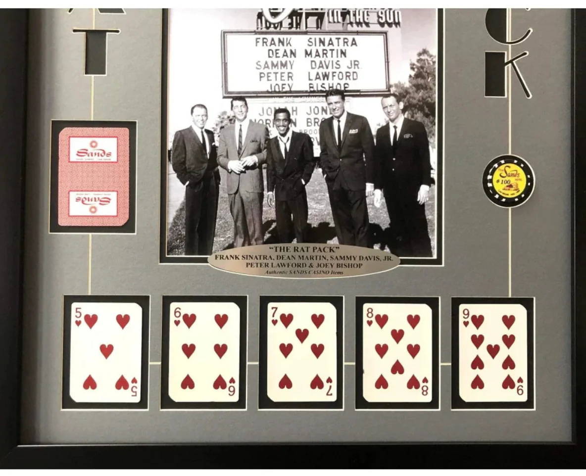 Rat Pack Vegas Collage W/ Authentic Sands Playing Cards Framed Sign - Image 4